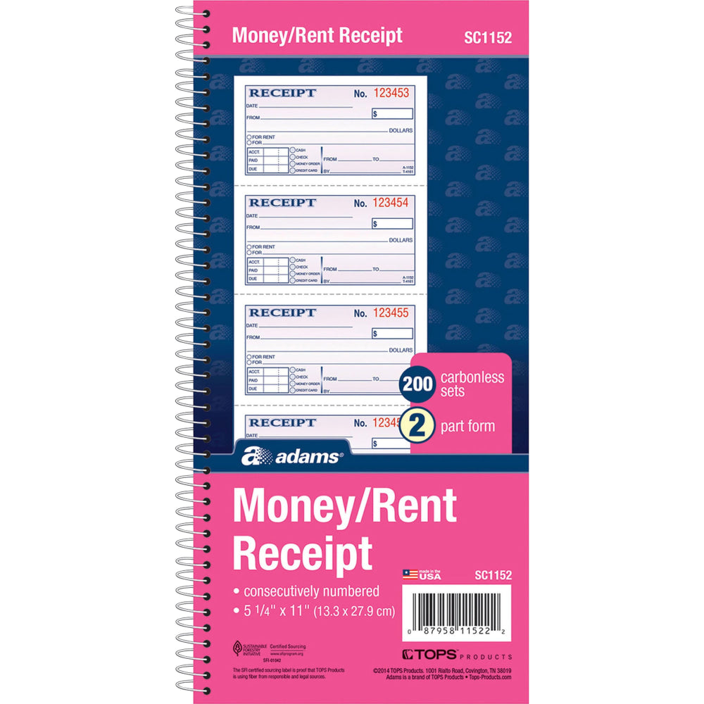 Adams Spiral 2-part Money/Rent Receipt Book - 200 Sheet(s) - Spiral Bound - 2 Part - 11in x 5.25in Form Size - White, Canary - Assorted Sheet(s) - 5 / Pack