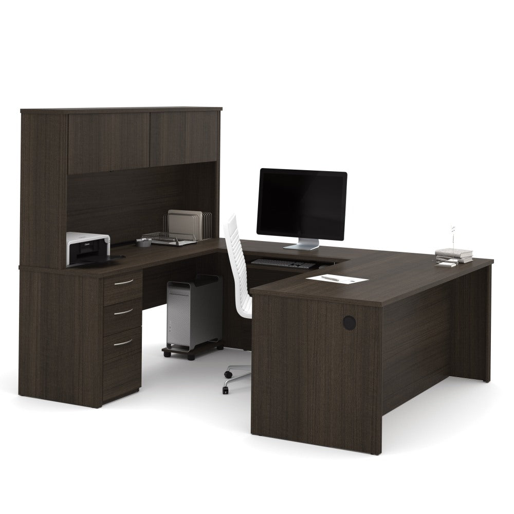 Bestar Embassy 72inW U-Shaped Executive Computer Desk With Pedestal And Hutch, Dark Chocolate