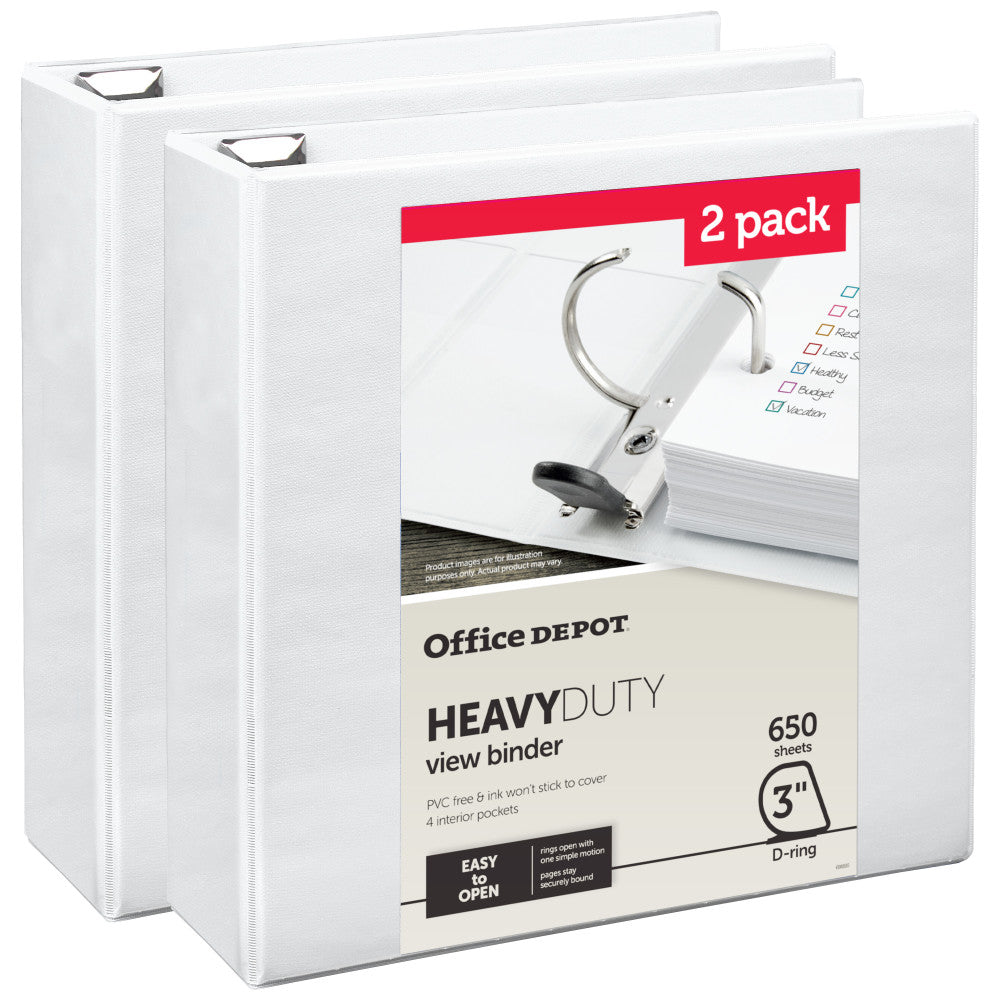 Office Depot Heavy-Duty View 3-Ring Binder, 3in D-Rings, White, 49% Recycled, Pack Of 2