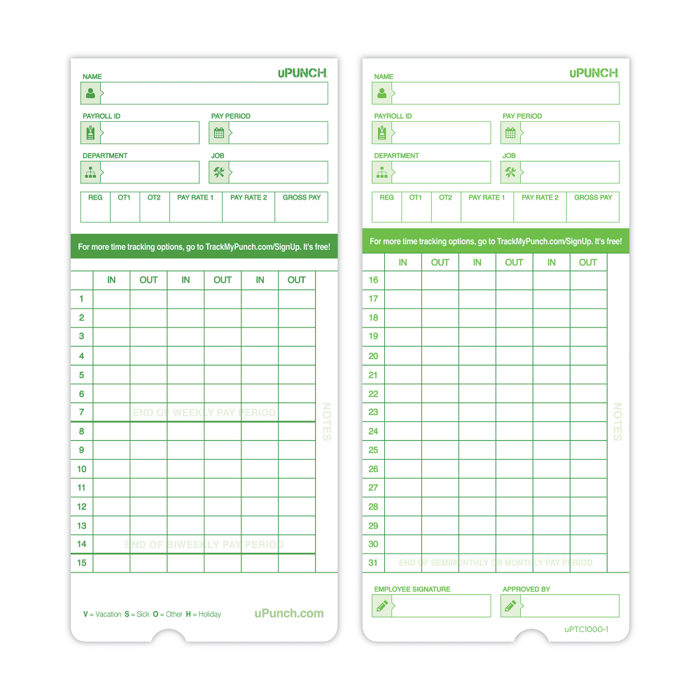 uPunch All Pay Periods Time Cards, 2-Sided, 3.5in x 7.5in, Green, Pack Of 100, HNTCG1100