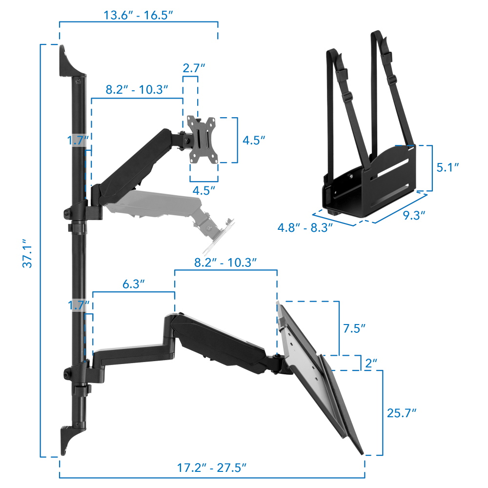 Mount-It! MI-7992 Wall-Mount Workstation With Dual Monitor Mount, Keyboard Tray And CPU Holder, 12inH x 41inW x 6inD, Black