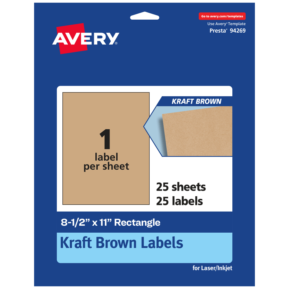 Avery Kraft Permanent Labels, 94269-KMP25, Rectangle, 8-1/2in x 11in, Brown, Pack Of 25