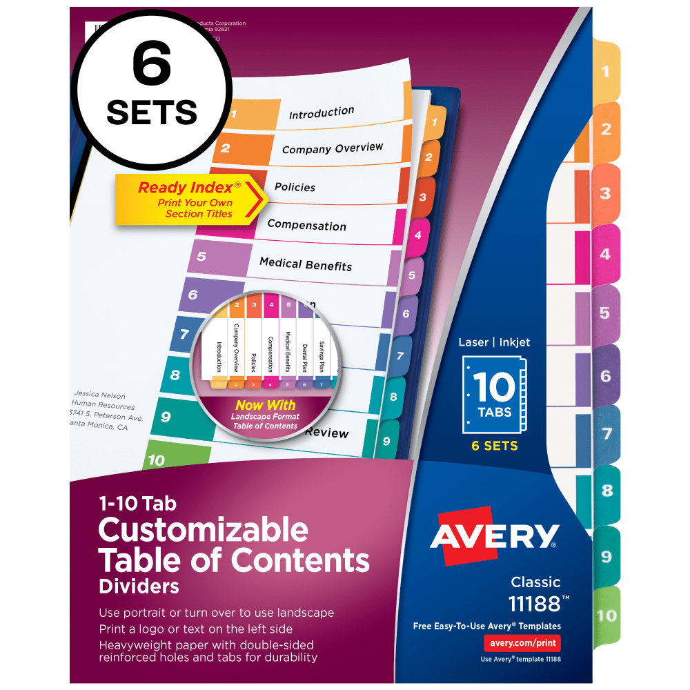 Avery Ready Index 1-10 Tab Binder Dividers With Customizable Table Of Contents, 8-1/2in x 11in, 10 Tab, White/Multicolor, Pack Of 6 Sets