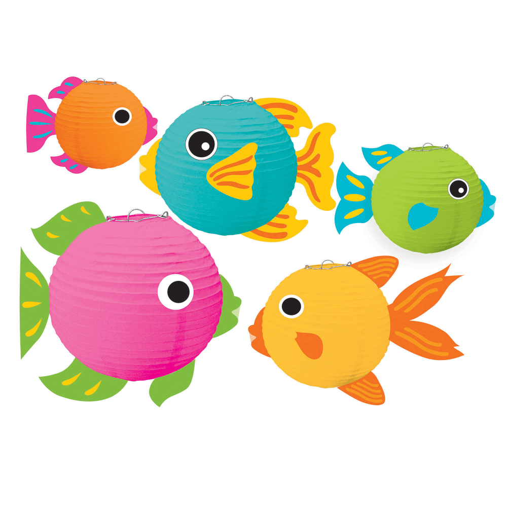 Amscan Summer Luau Fish Lanterns, 5-3/4inH x 7-3/4inW x 9-1/2inD, Multicolor, Pack Of 5 Lanterns