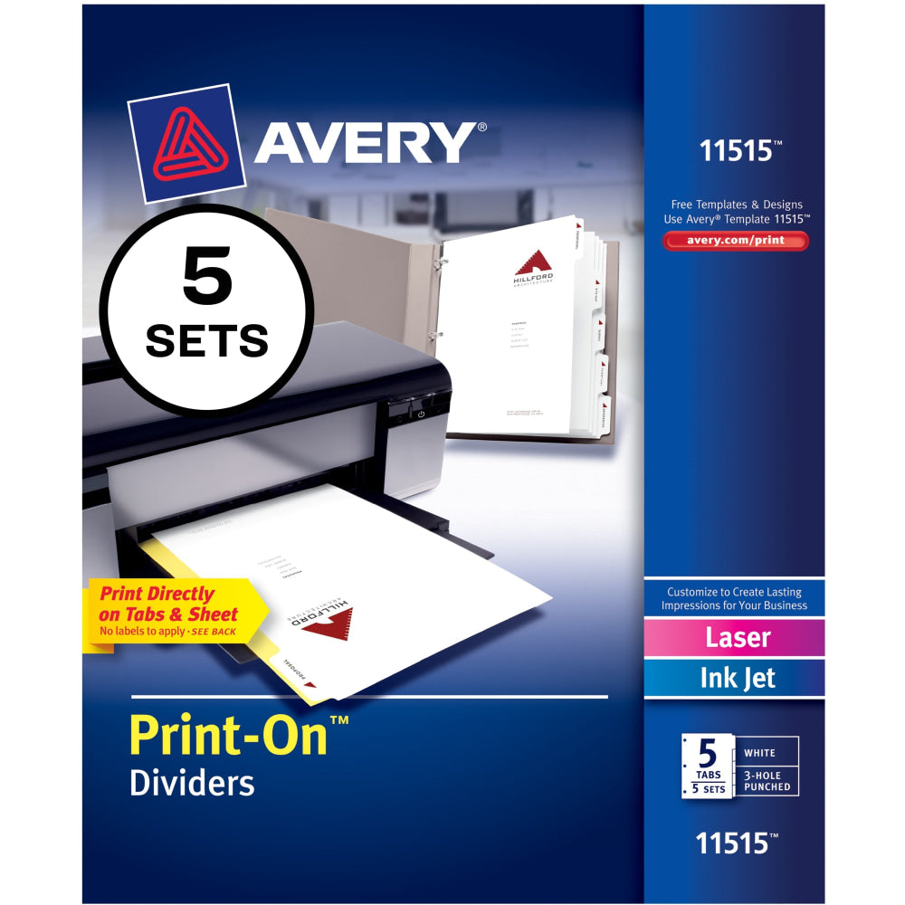 Avery Customizable Print-On Dividers, 8 1/2in x 11in, 5 Tabs, Pack Of 5 Sets