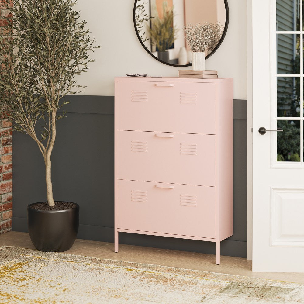 Ameriwood Home Systembuild Evolution Mission District 3-Door Locker-Style Metal Shoe Storage Cabinet, 49inH x 31-1/2inW x 10-1/4inD, Pale Pink