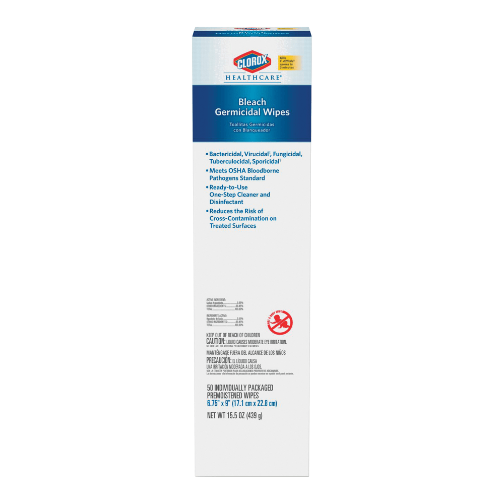 Clorox Healthcare Bleach Germicidal Wipes - Ready-To-Use - 50 / Pack - 1 Each - Pre-moistened - White