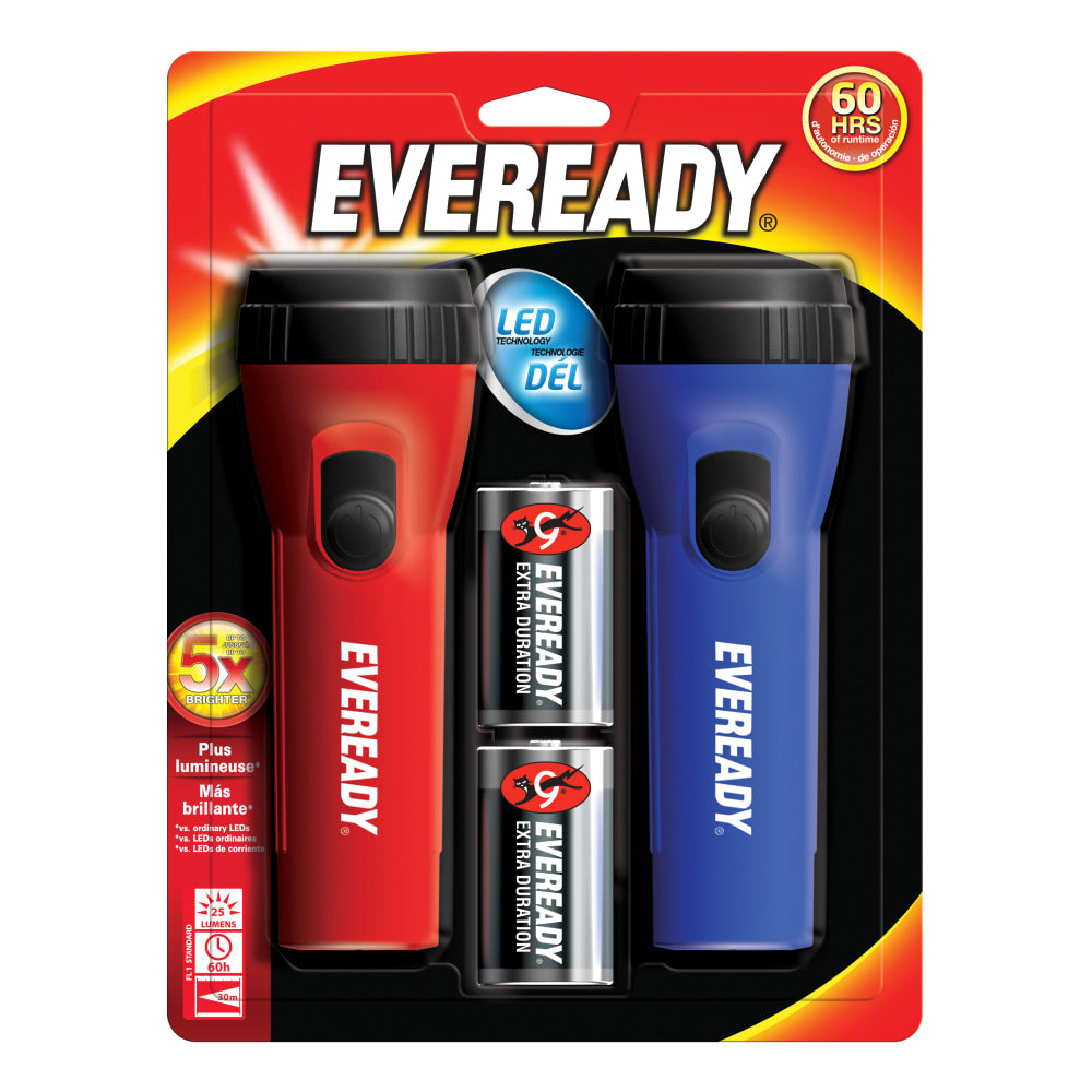 Eveready Economy LED Flashlight Twin Pack, 2 7/16in, Red/Blue, Pack Of 2