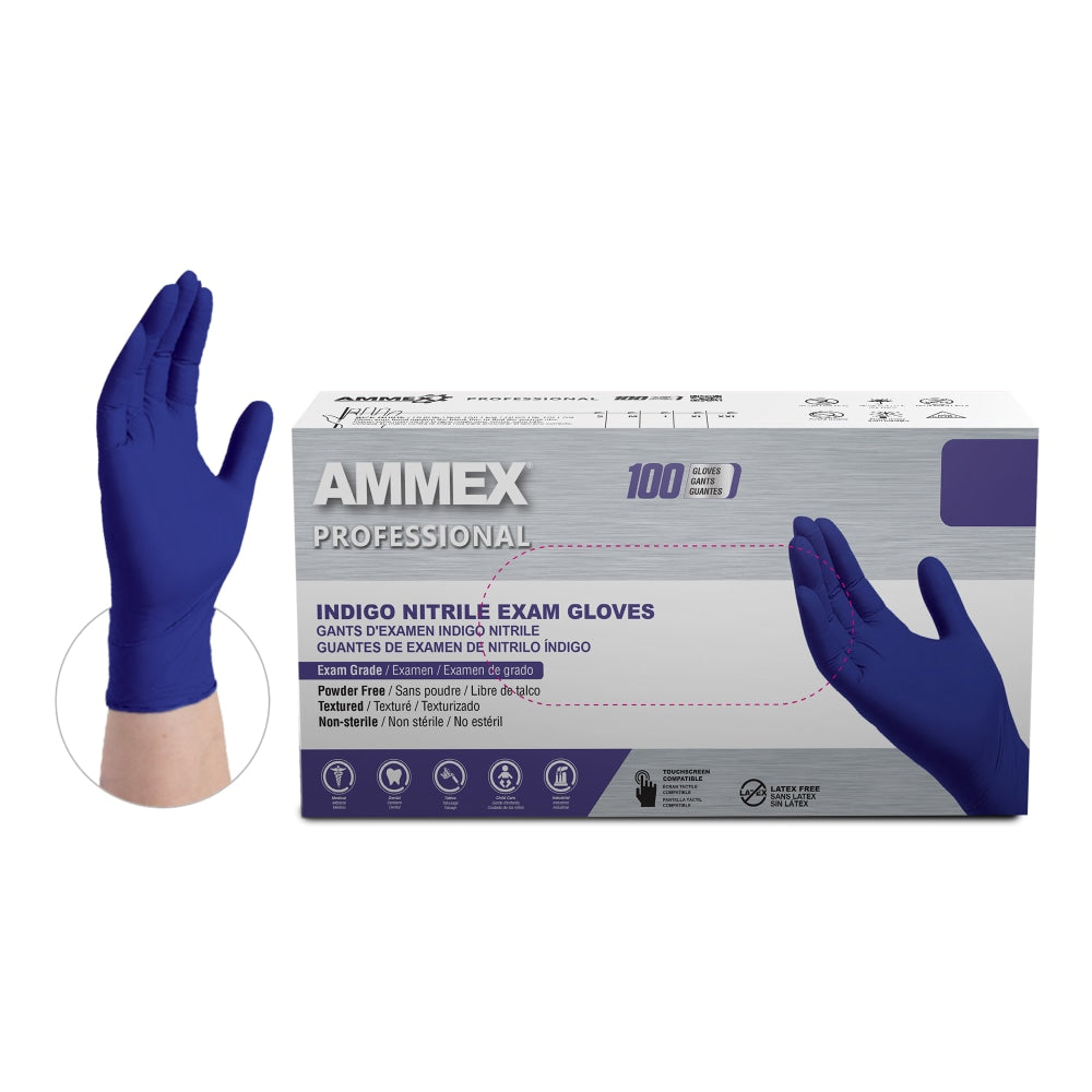 Ammex Professional Indigo Disposable Powder-Free Nitrile Exam Gloves, X-Large, Box Of 100 Gloves