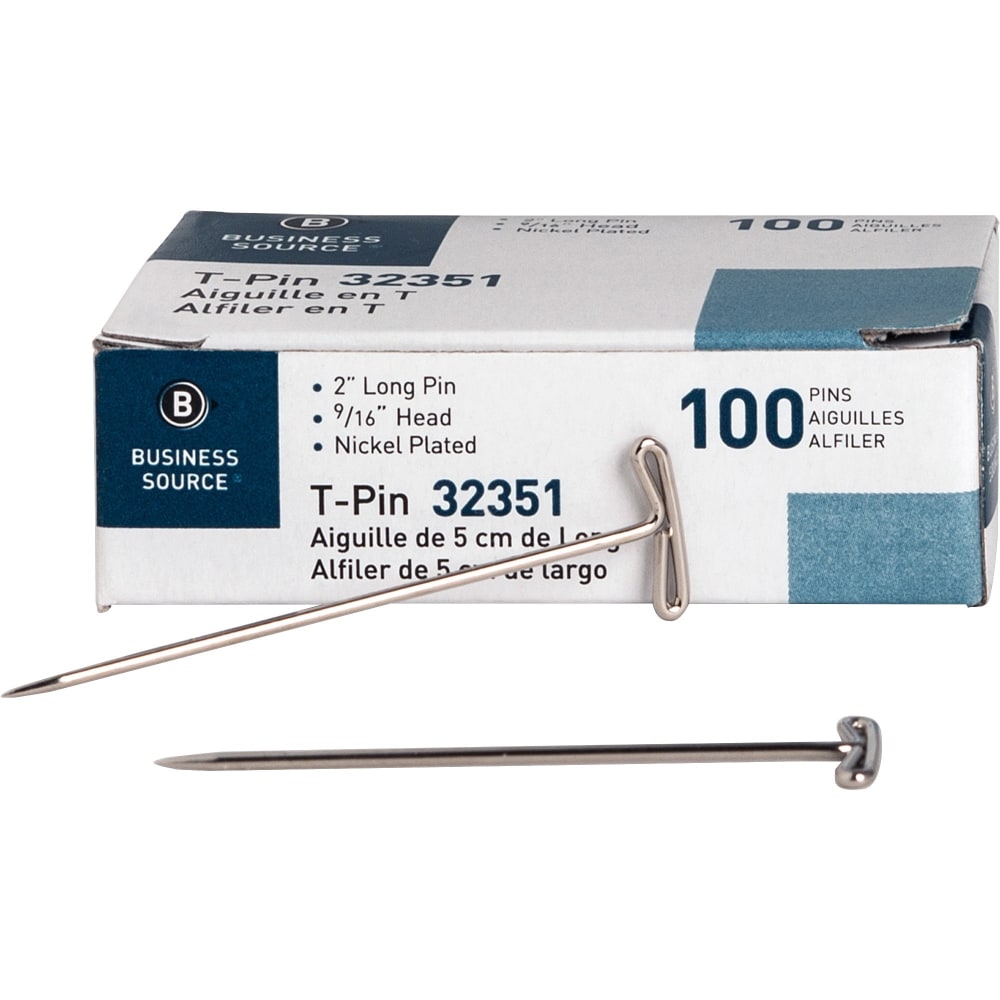 Business Source High Quality Steel T-pins - 0.56in Head - 2in Length x 0.6in Width - 100 / Box - Silver - Steel