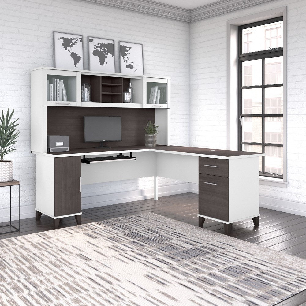 Bush Furniture Somerset 72inW L-Shaped Desk With Hutch, Storm Gray/White, Standard Delivery