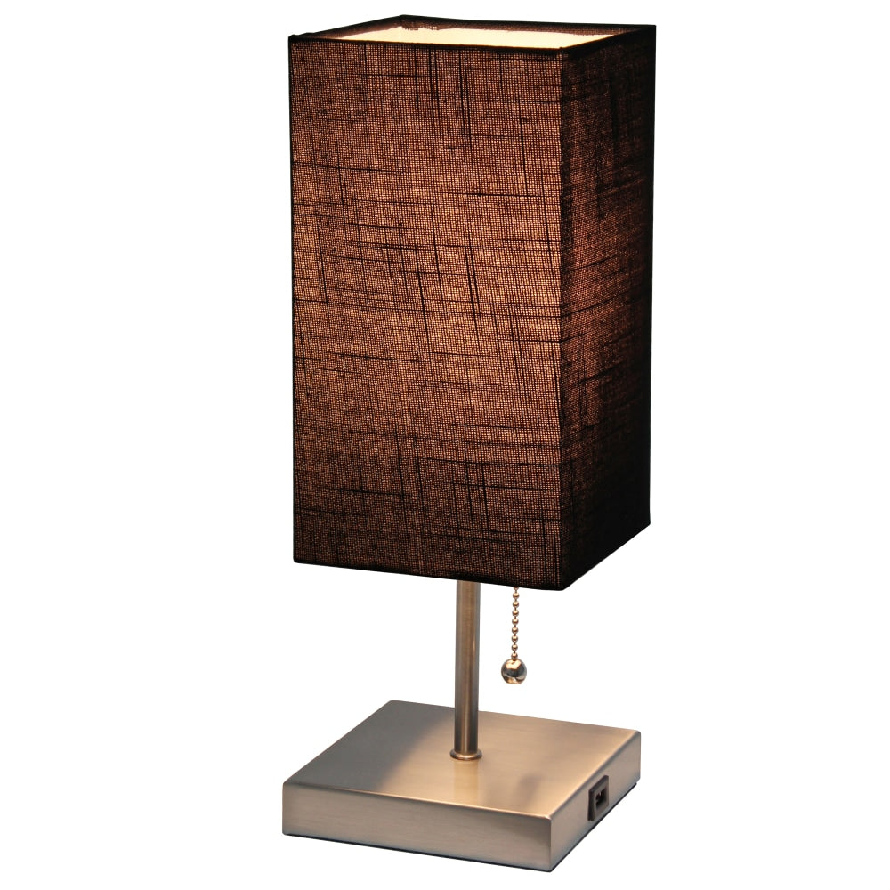 Simple Designs Petite Stick Lamp With USB Charging Port, 14-1/4inH, Brushed Nickel Base/Black Shade