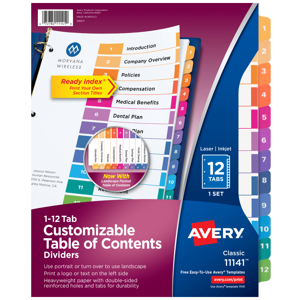 Avery Ready Index 1-12 Tab With Customizable Table Of Contents Binder Dividers, 8-1/2in x 11in, 12 Tab, Multicolor, 1 Set