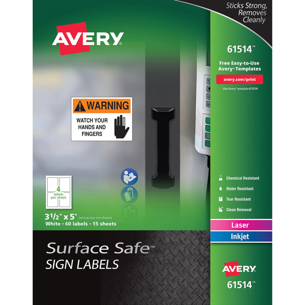 Avery Surface Safe Sign Labels, 3 1/2in x 5in, Square, Pack Of 60