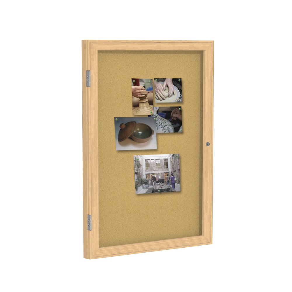 Ghent 1-Door Enclosed Natural Cork Bulletin Board, 24in x 18in, Wood Frame, Oak