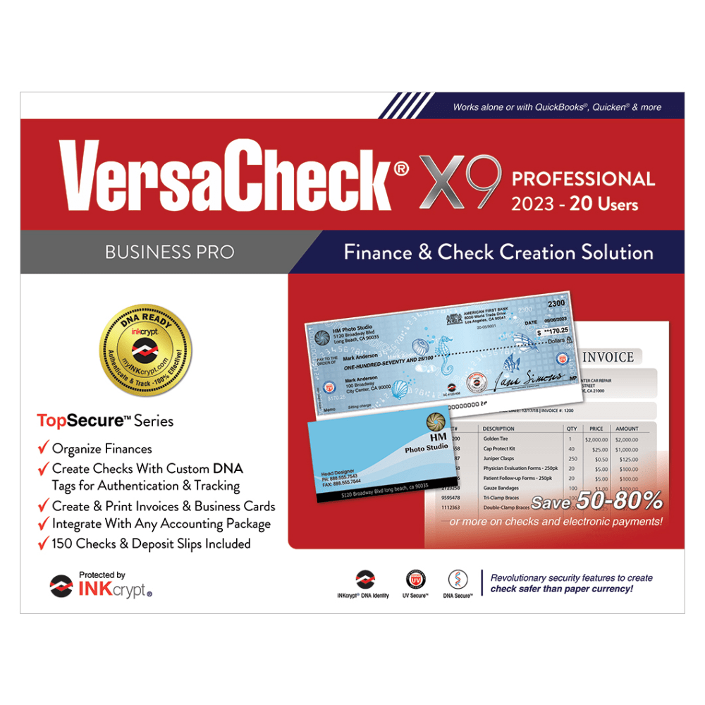 VersaCheck X9 INKcrypt Professional Software, 2023, For 20 Users, Windows 8.1/10/11, Disc/Product Key