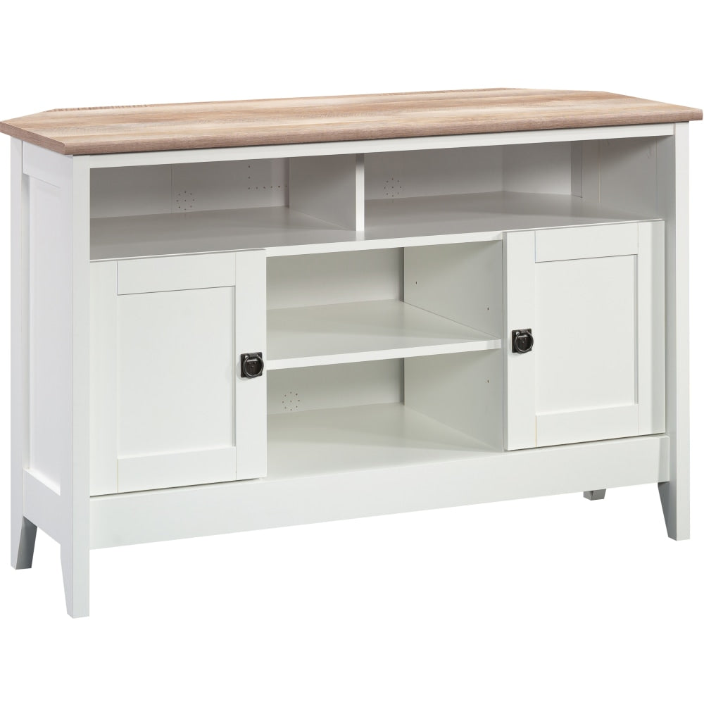 Sauder August Hill Corner Entertainment Stand, 30-1/8inH x 47inW x 19-1/2inD, Soft White/Lintel Oak