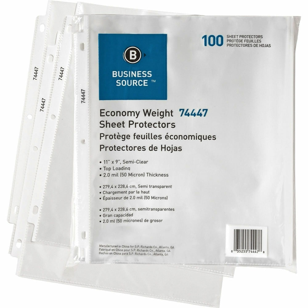 Business Source Economy Weight Sheet Protectors - 11in Height x 9in Width - 2 mil Thickness - For Letter 8 1/2in x 11in Sheet - Ring Binder - Rectangular - Semi Clear - Polypropylene - 100 / Pack