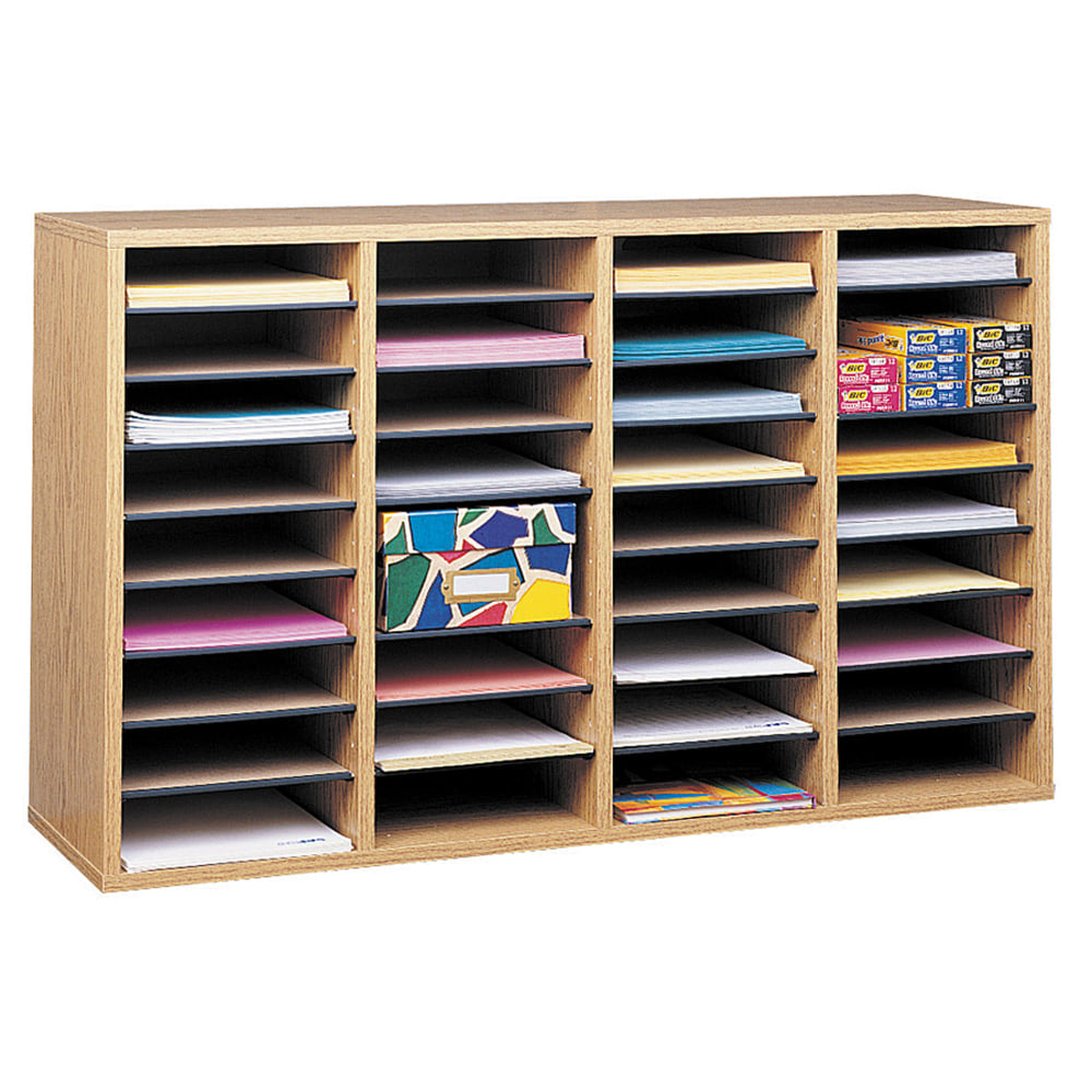 Safco Adjustable Wood Literature Organizer, 24inH x 39-3/8inW x 11-3/4inD, 36 Compartments, Oak