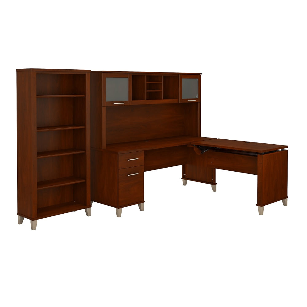 Bush Furniture Somerset 72inW 3 Position Sit to Stand L Shaped Desk With Hutch And Bookcase, Hansen Cherry, Standard Delivery