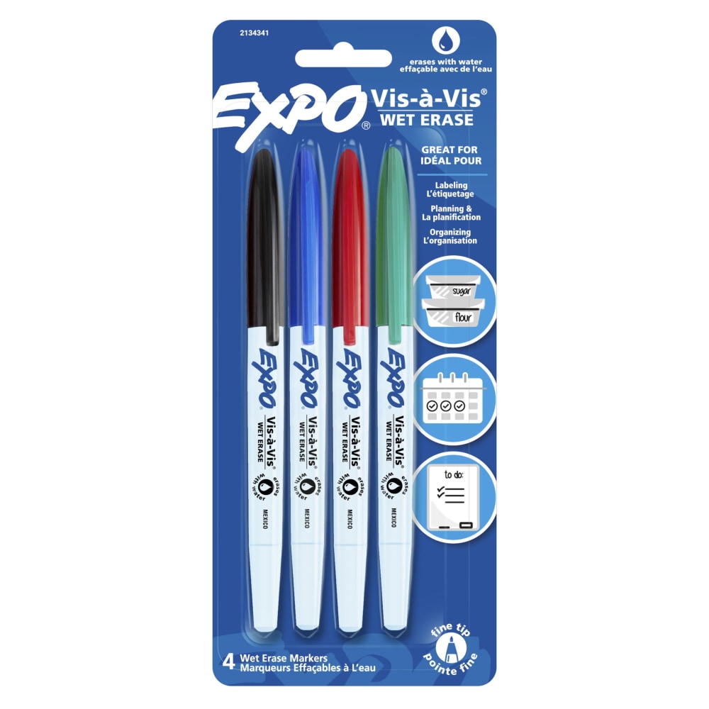 EXPO Vis-a-Vis Wet-Erase Fine-Tip Markers, Assorted Colors, Pack Of 4