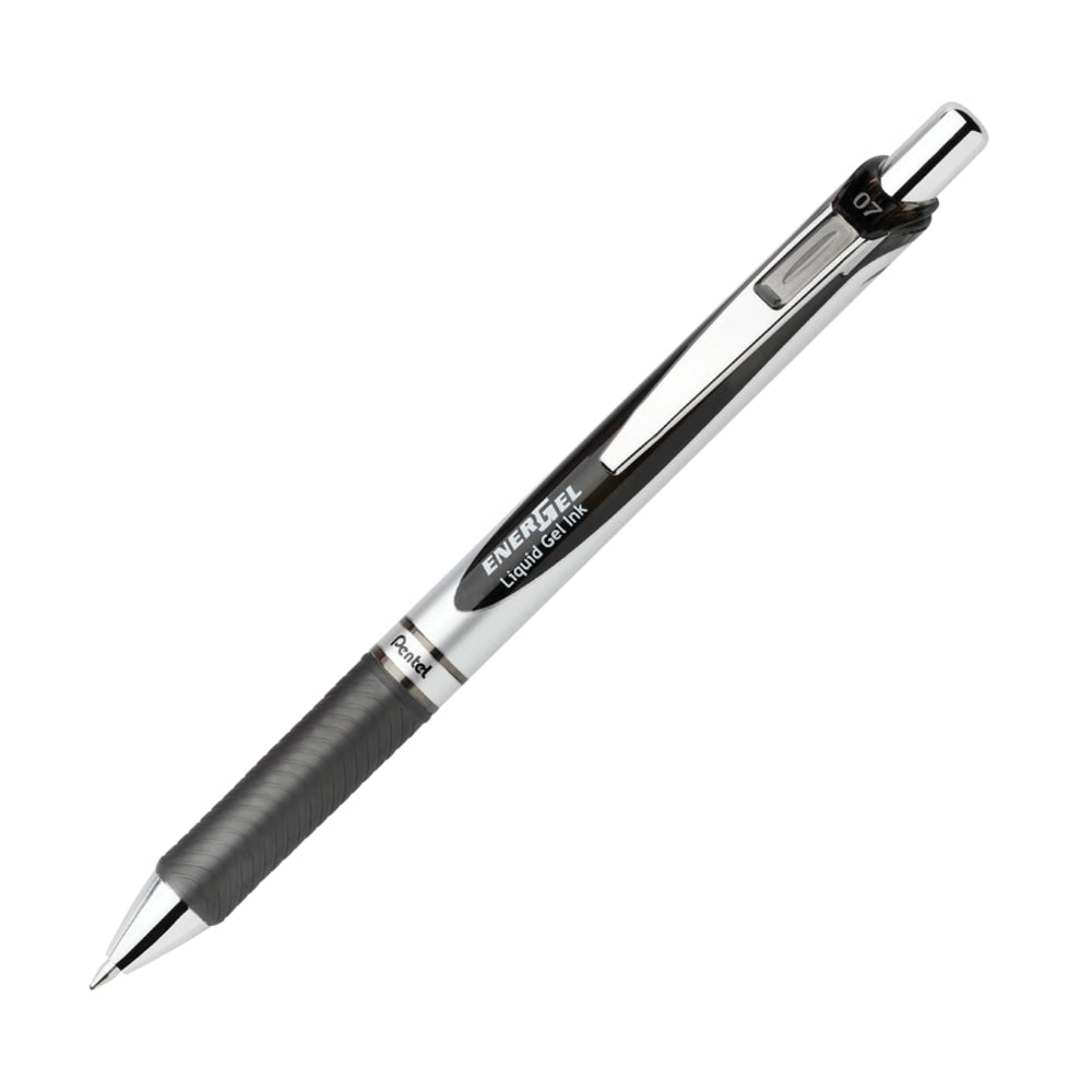 Pentel EnerGel Retractable Liquid Gel Pens, Medium Point, 0.7 mm, Silver Barrel, Black Ink, Pack Of 12