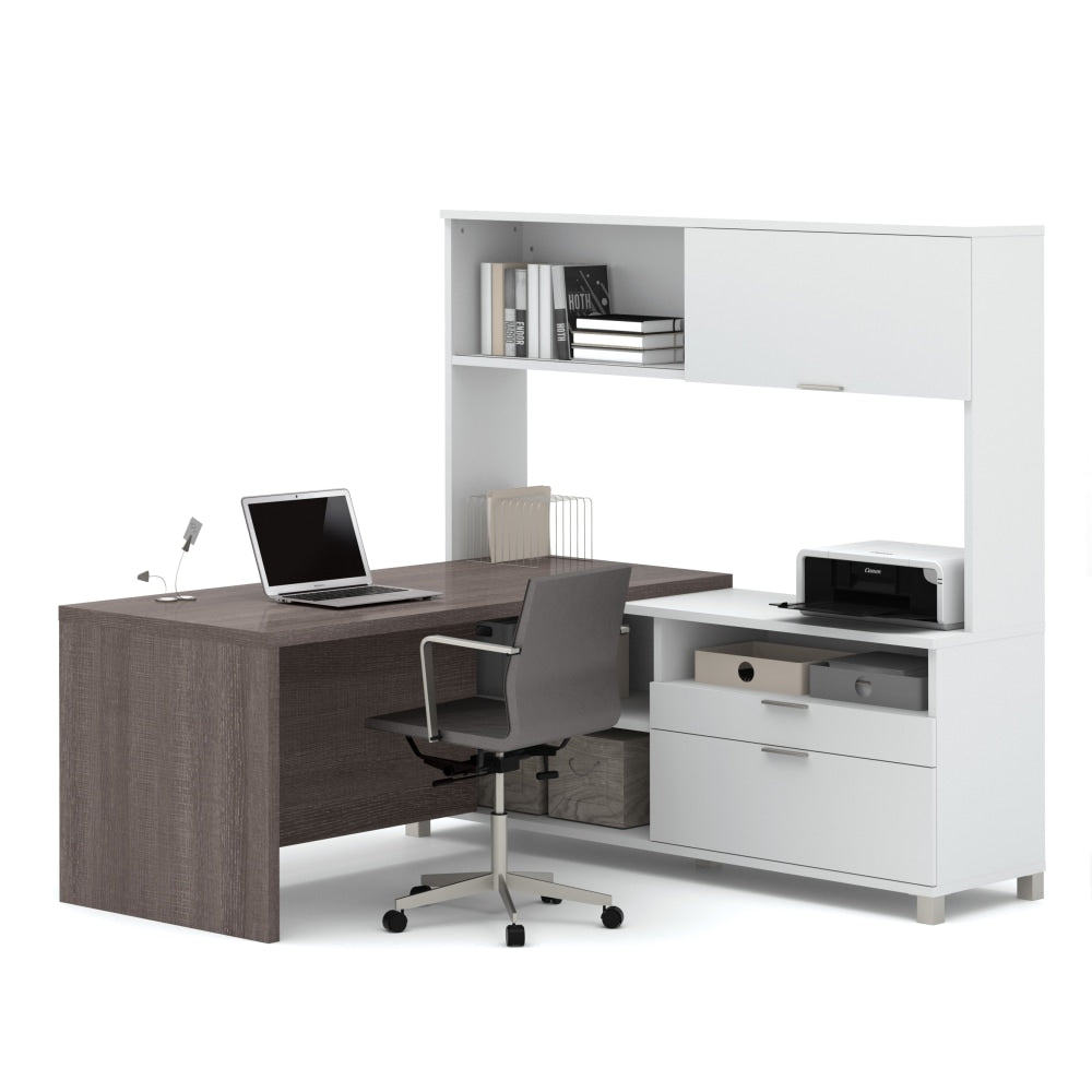 Bestar Pro-Linea 72inW L-Shaped Corner Desk With Drawers And Hutch, Bark Gray