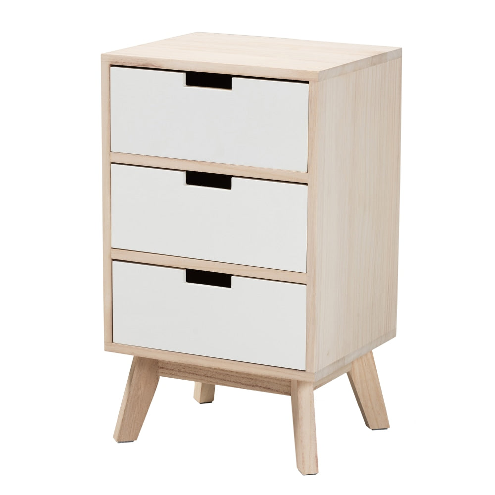 Baxton Studio Halian 3-Drawer Nightstand, 23-1/4inH x 13-13/16inW x 11-13/16inD, White/Light Brown