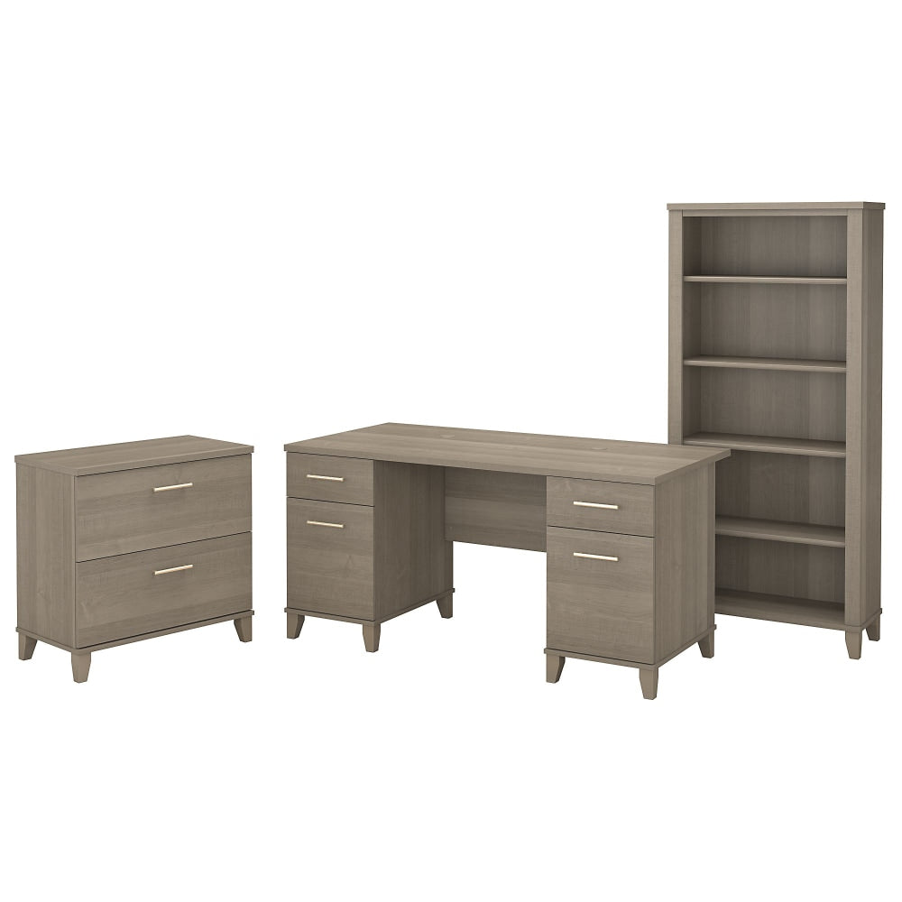 Bush Business Furniture Somerset 60inW Office Computer Desk With Lateral File Cabinet And 5 Shelf Bookcase, Ash Gray, Standard Delivery