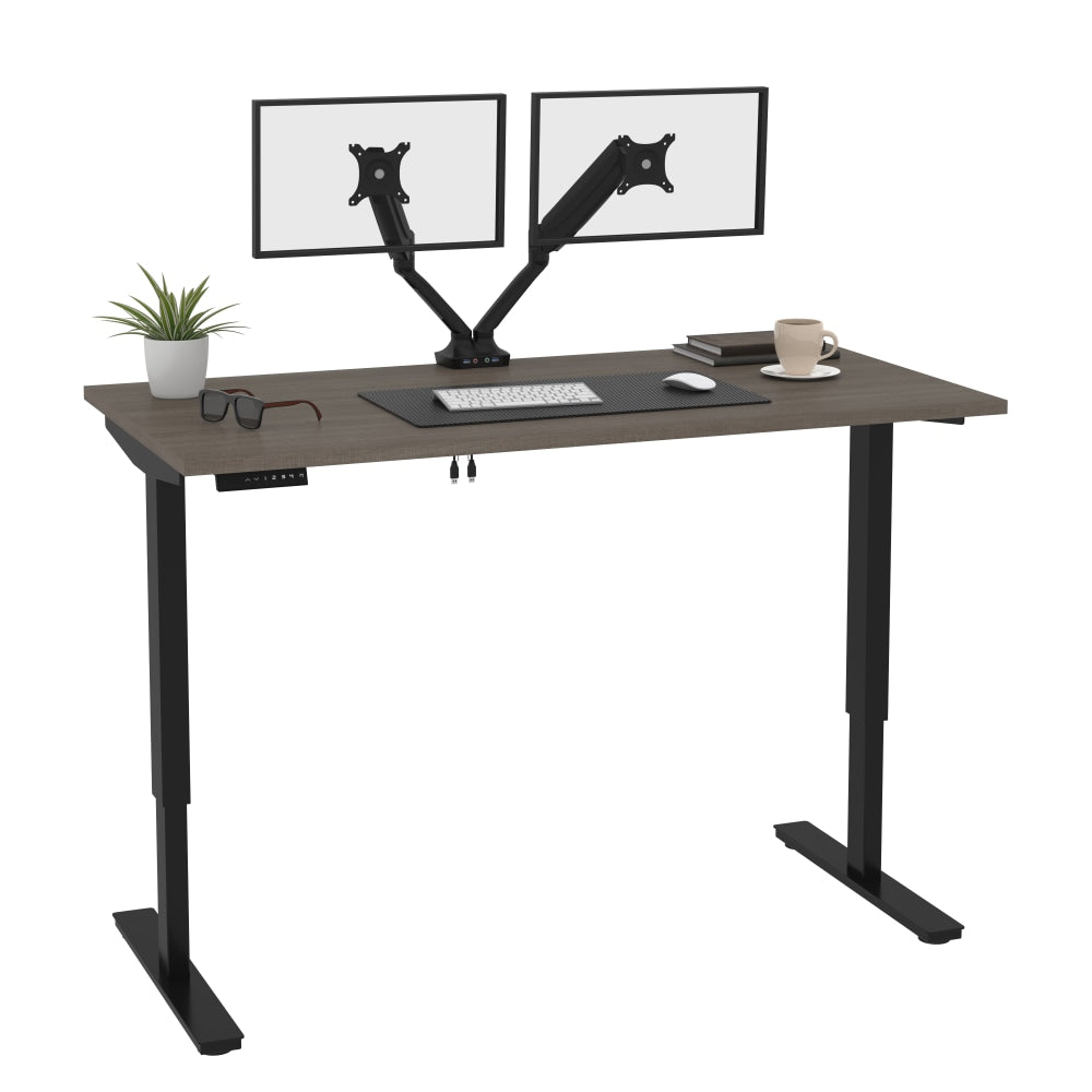 Bestar Universel Electric 60inW Standing Desk With Dual Monitor Arm, Bark Gray