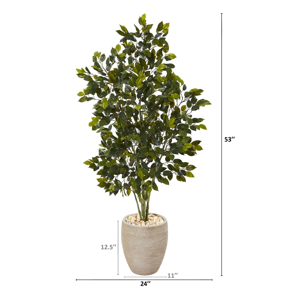 Nearly Natural Ficus 53inH Artificial Plant With Planter, 53inH x 24inW x 24inD, Green/Sand