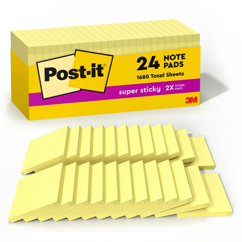 Post-it Super Sticky Notes, 3 in x 3 in, 24 Pads, 90 Sheets/Pad, 2x the Sticking Power, Canary Yellow