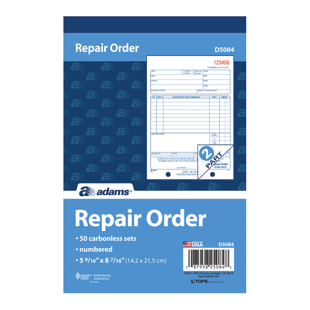 Adams 2-Part Service Repair Book, 5 9/16in x 8 7/16in, 50 Sets