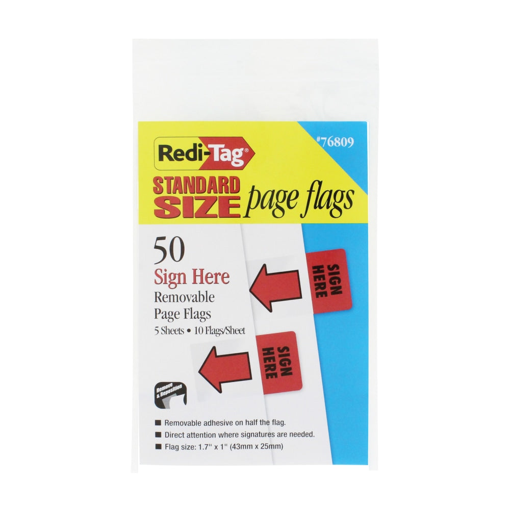 Redi-Tag Sign Here Red Arrow Page Flags - 50 - 1in x 1 11/16in - Rectangle - "SIGN HERE" - Red - Removable, Self-adhesive - 50 / Pack