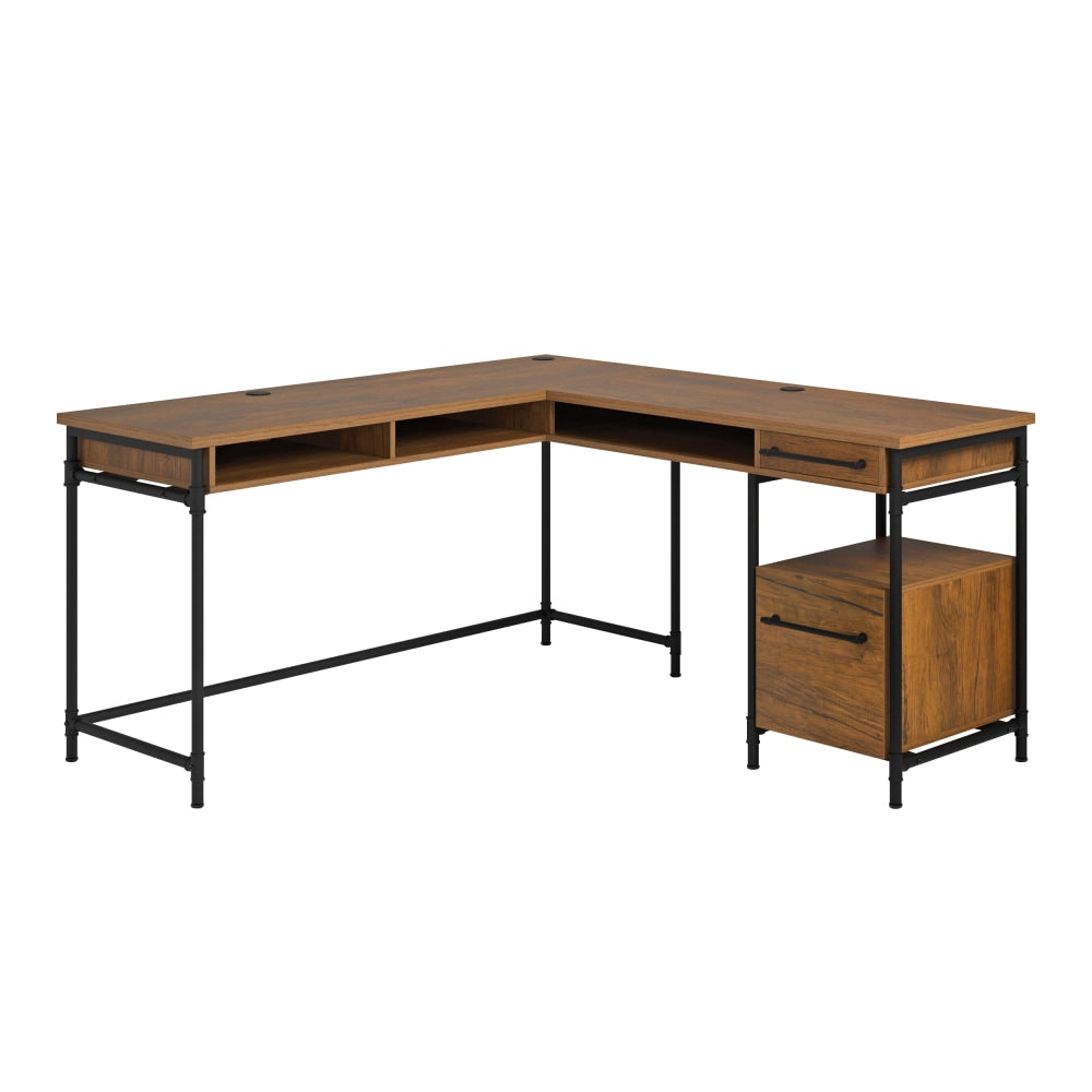 Sauder Iron City 60inW L-Shaped Computer Desk, Checked Oak/Black