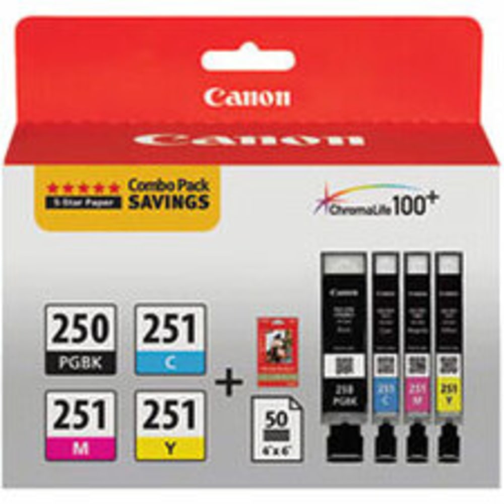 Canon PGI-250BK/CLI-251CMY Black And Cyan, Magenta, Yellow Ink Tanks And Paper, Pack Of 4