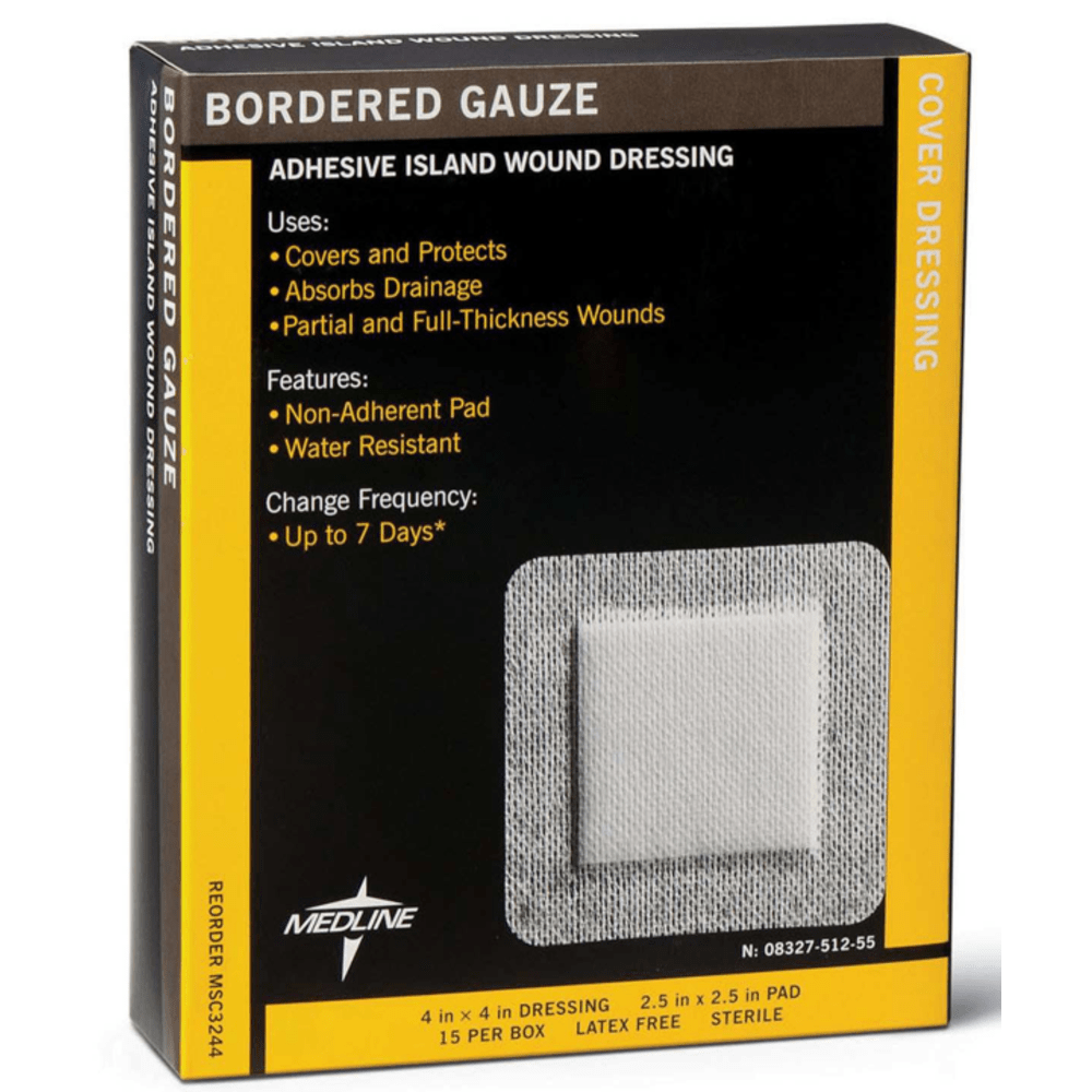 Medline Sterile Border Gauze Pads, 4in x 4in, White, 15 Pads Per Box, Case Of 10 Boxes