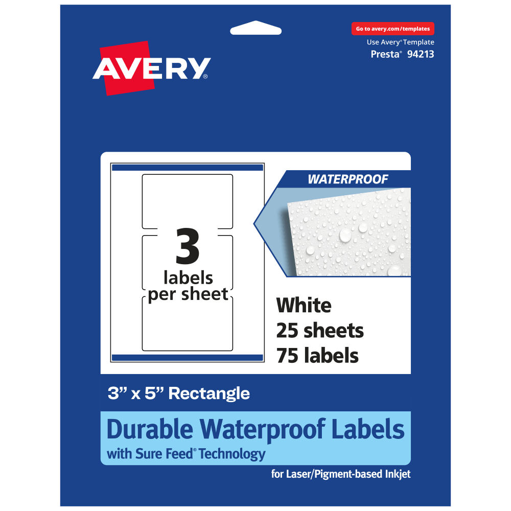 Avery Waterproof Permanent Labels With Sure Feed, 94213-WMF25, Rectangle, 3in x 5in, White, Pack Of 75