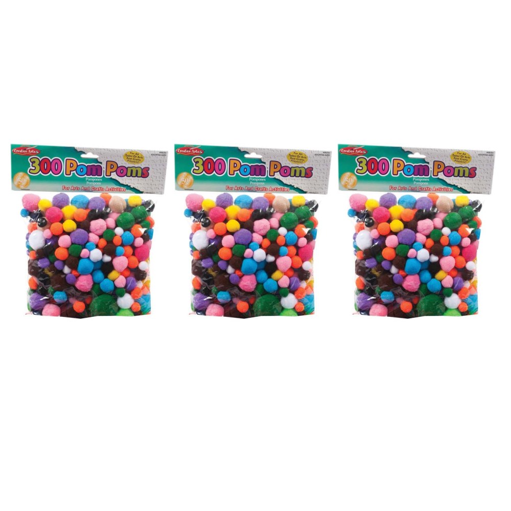 Charles Leonard Creative Arts Pom-Poms, Assorted Sizes, Assorted Colors, 300 Pom-Poms Per Pack, Set Of 3 Packs