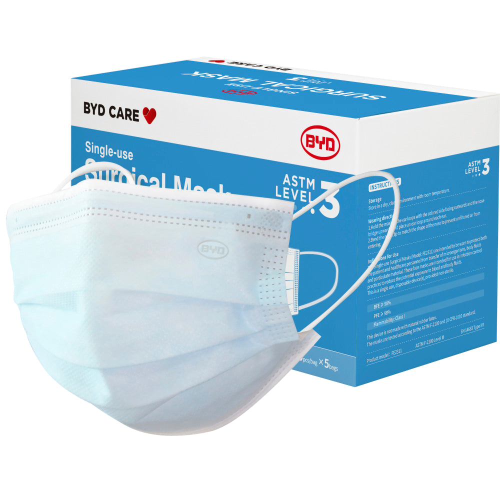 BYD Care Level 3 Surgical Masks, Adult, One Size, Blue, Box Of 50