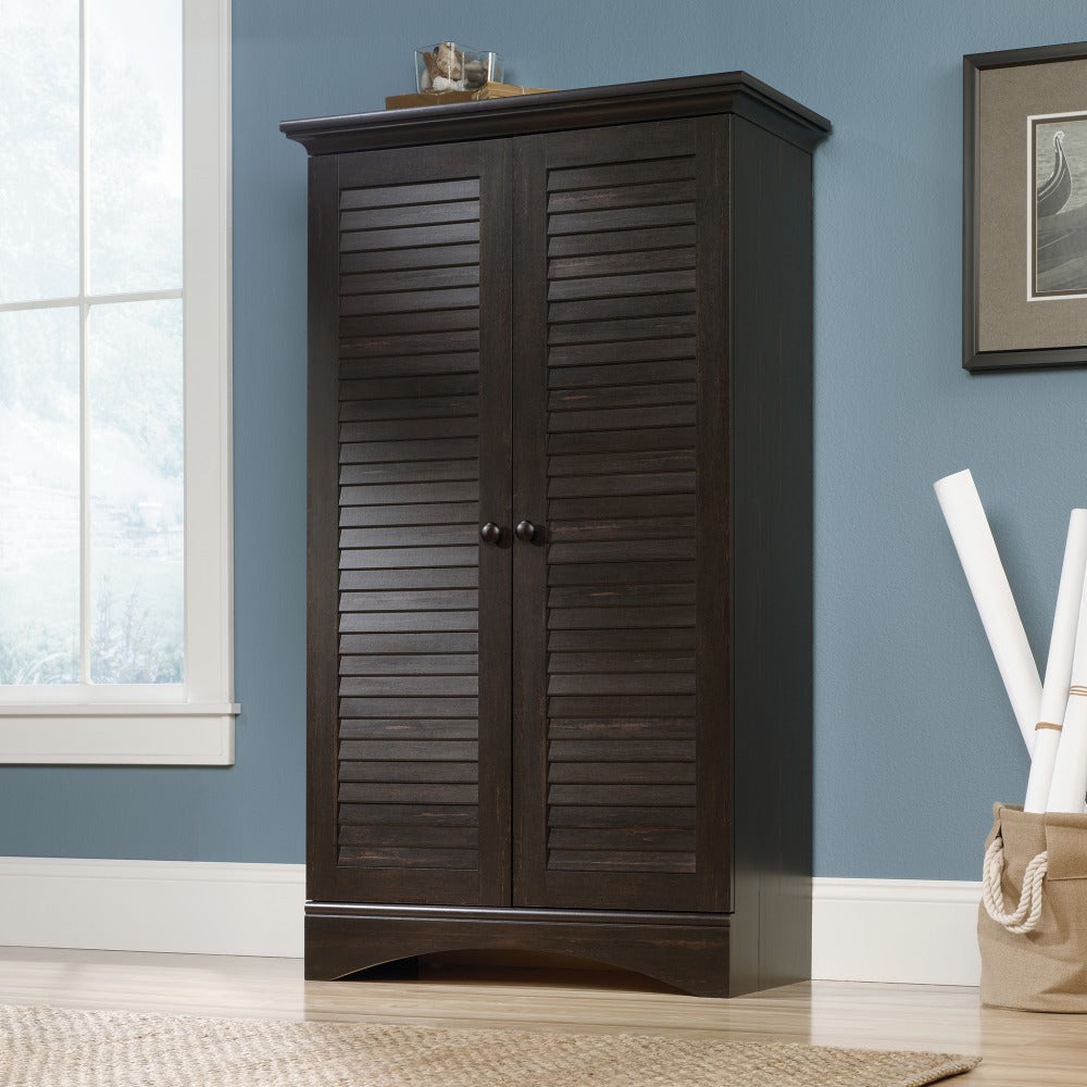 Sauder Harbor View Storage Cabinet With Louvered Doors, 61inH x 35-5/16inW x 16-3/4inD, Black