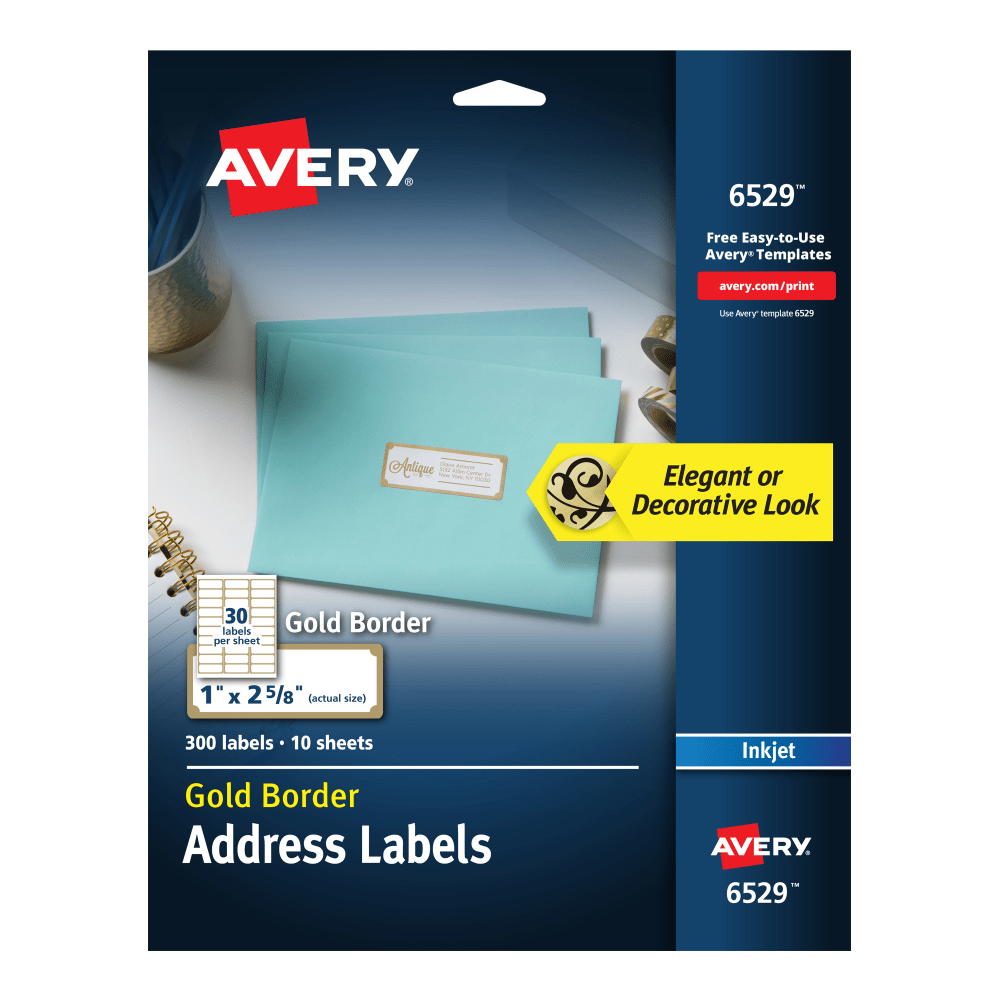 Avery Easy Peel Address Labels With Border, 1in x 2 5/8in, White/Gold, Pack Of 300 Labels