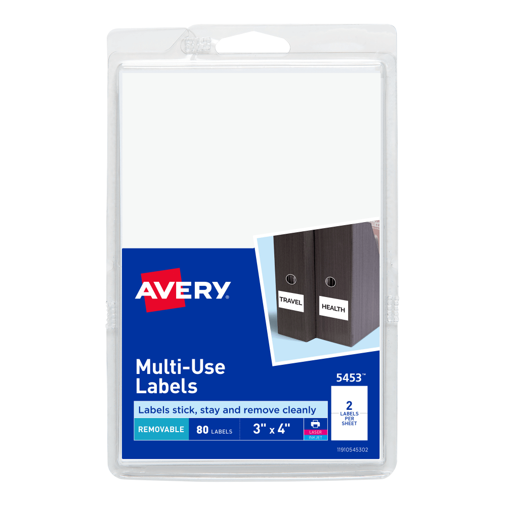 Avery Removable Labels, 5453, Rectangle, 3in x 4in, White, Pack Of 80