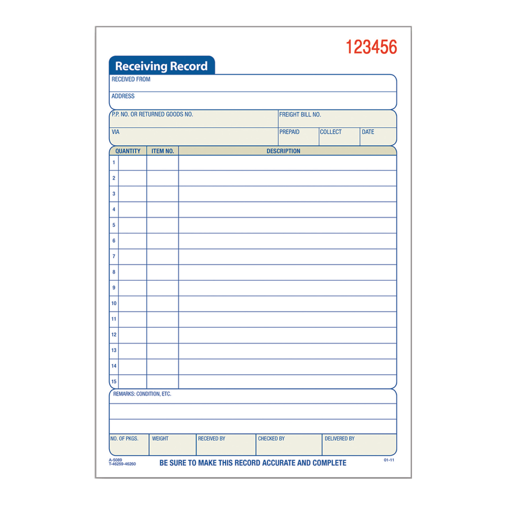 Adams Carbonless 2-Part Receiving Record Book, 5 9/16in x 8 7/16in, Book Of 50 Sets