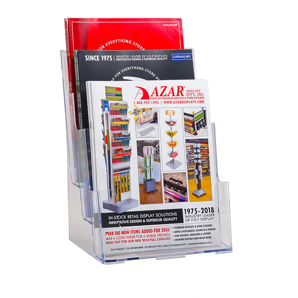 Azar Displays 3-Tier 3-Pocket Plastic Brochure Holder, Letter Size, 13-1/4inH x 9inW x 6inD, Clear