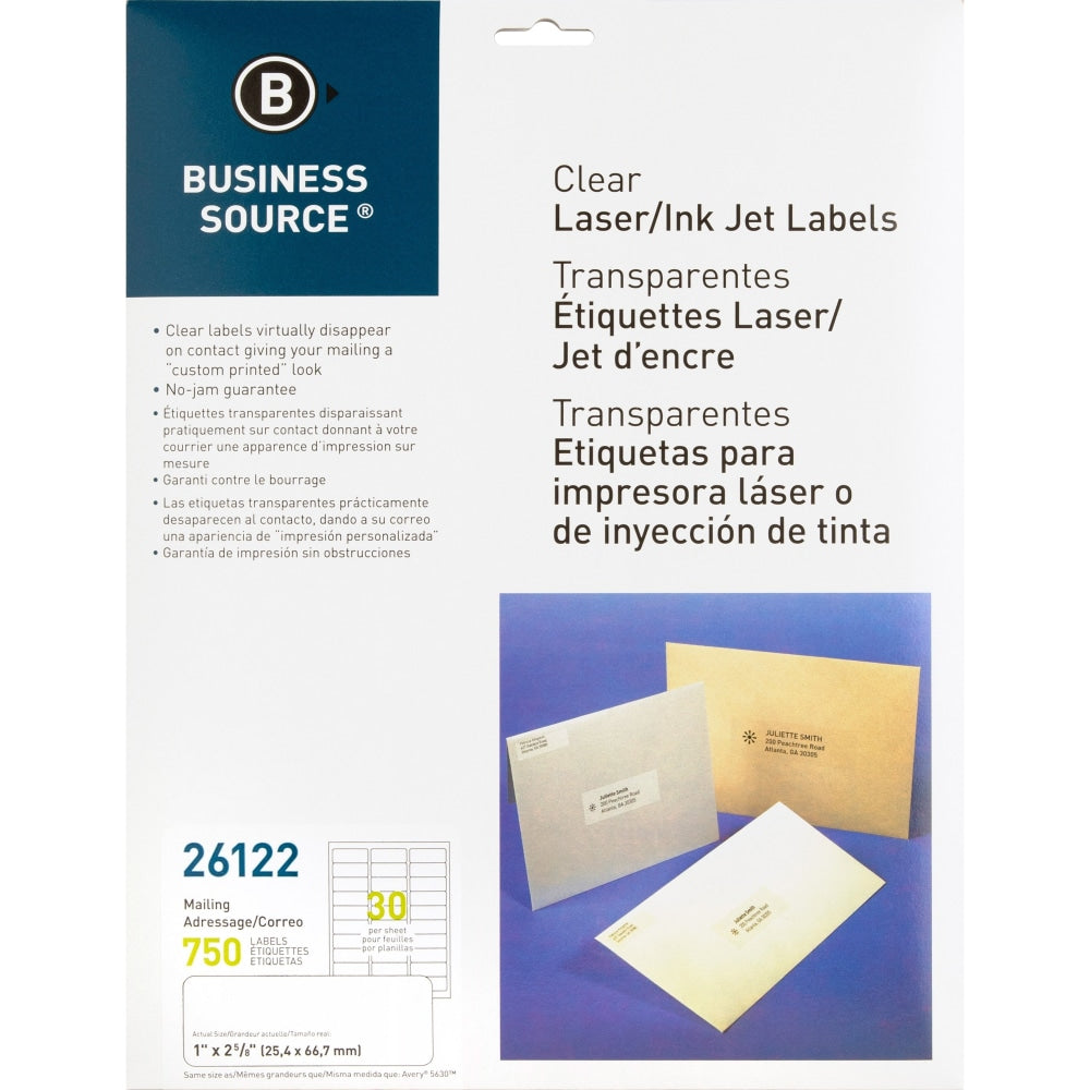 Business Source Mailing Address Labels - 1in Width x 2 3/4in Length - Permanent Adhesive - Rectangle - Laser - Clear - 30 / Sheet - 750 / Pack - Self-adhesive