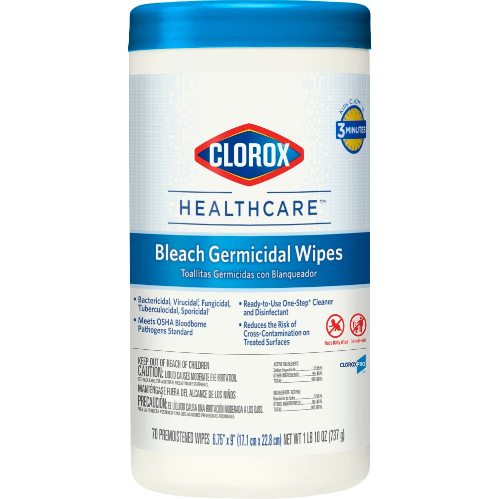 Clorox Healthcare Bleach Germicidal Wipes, Canister Of 70 Wipes