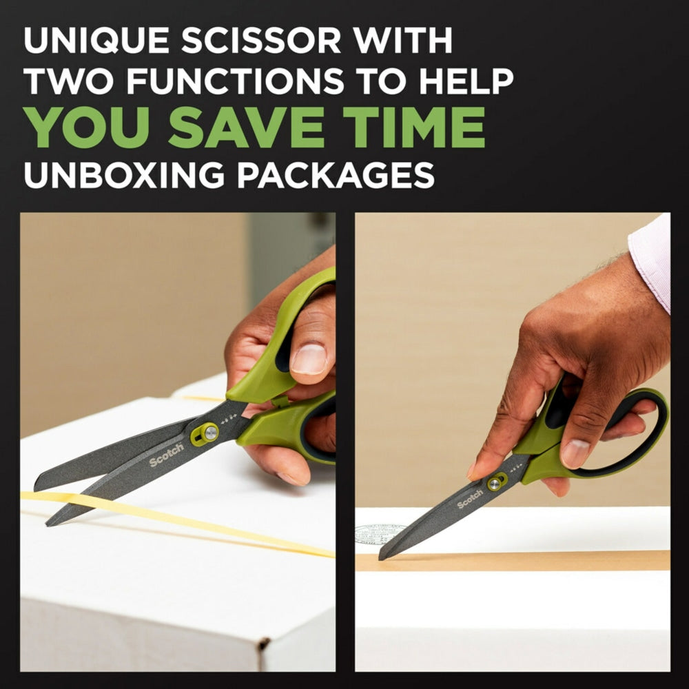 Scotch Non-Stick Unboxing Scissors, 8in, Pointed, Green