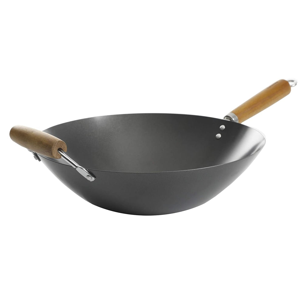 Kenmore Hammond Flat Bottom Carbon Steel Non-Stick Wok, 14in, Black