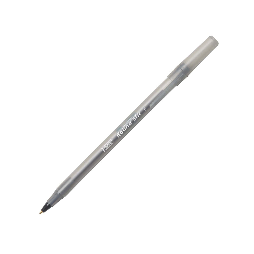 BIC Round Stic Ballpoint Pens, Fine Point, 0.8 mm, Translucent Barrel, Black Ink, Pack Of 12